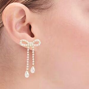 J. Crew Gold Bow Drop Earrings with Crystal Strands and Pear Drops